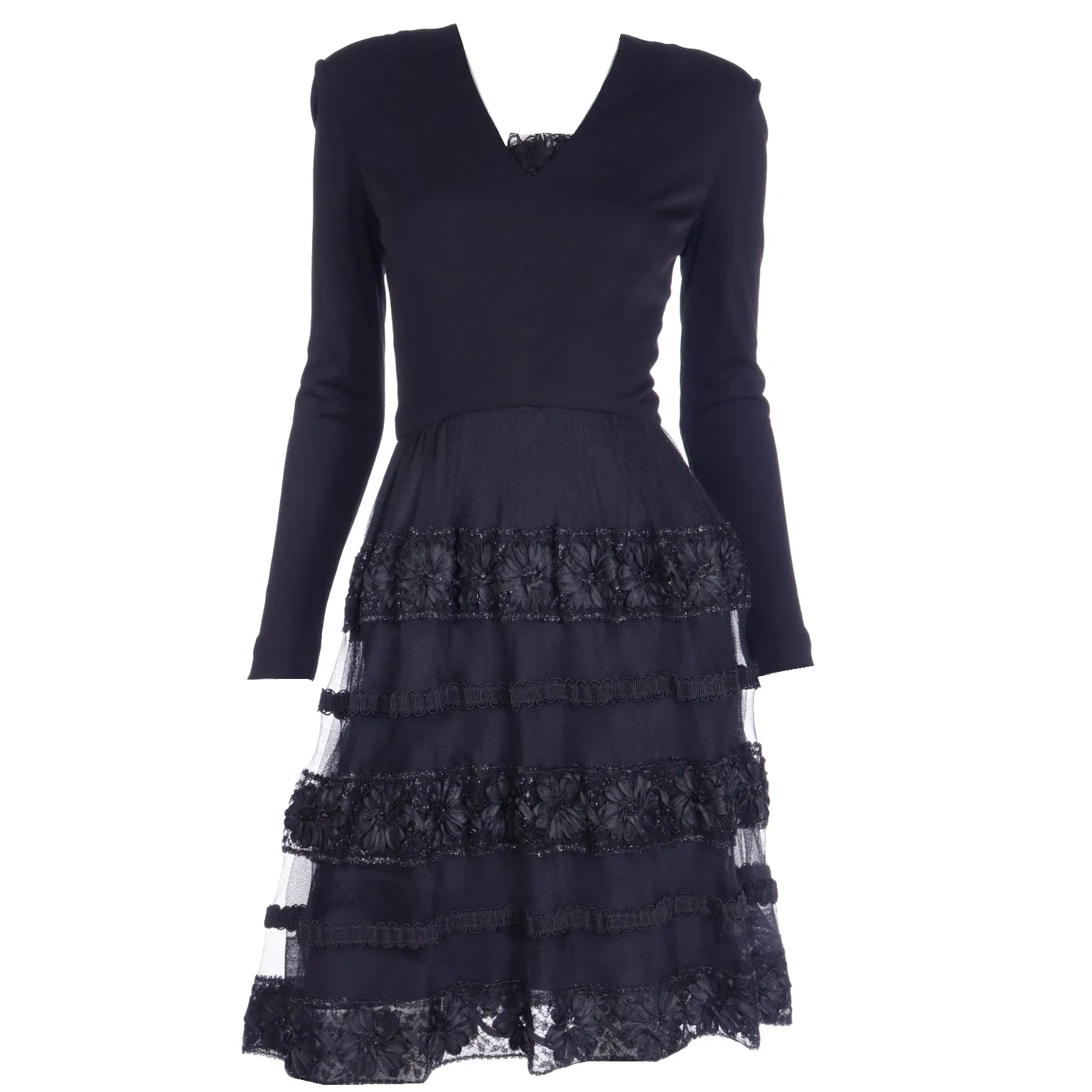 1970s William Travilla Vintage Black Evening Dress W Metallic Mesh Details