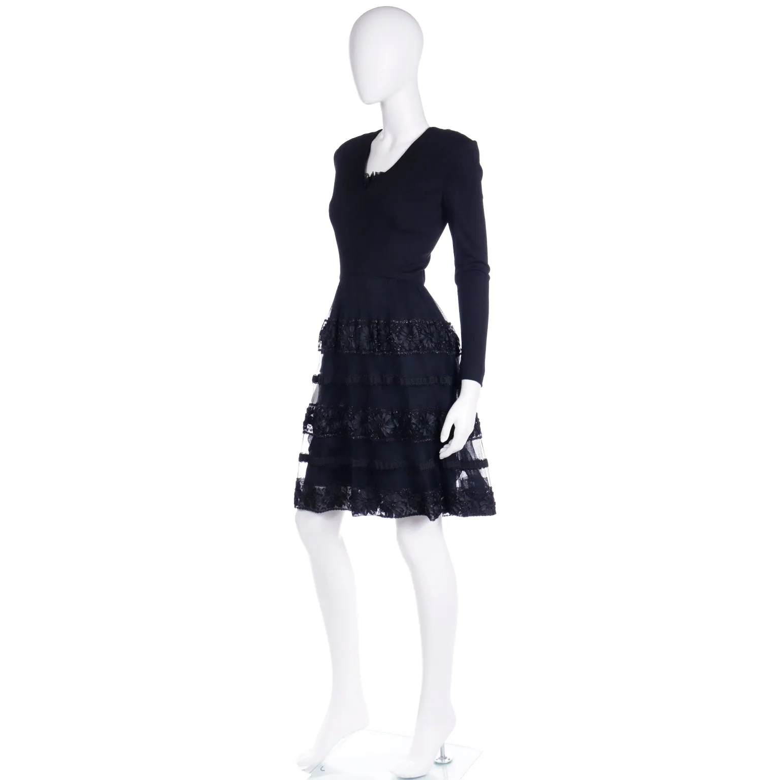 1970s William Travilla Vintage Black Evening Dress W Metallic Mesh Details