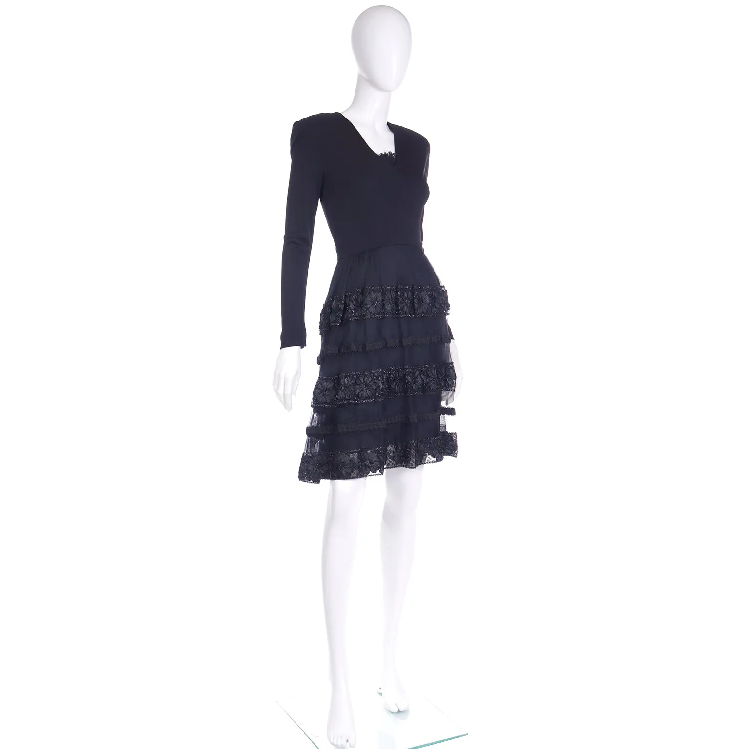 1970s William Travilla Vintage Black Evening Dress W Metallic Mesh Details