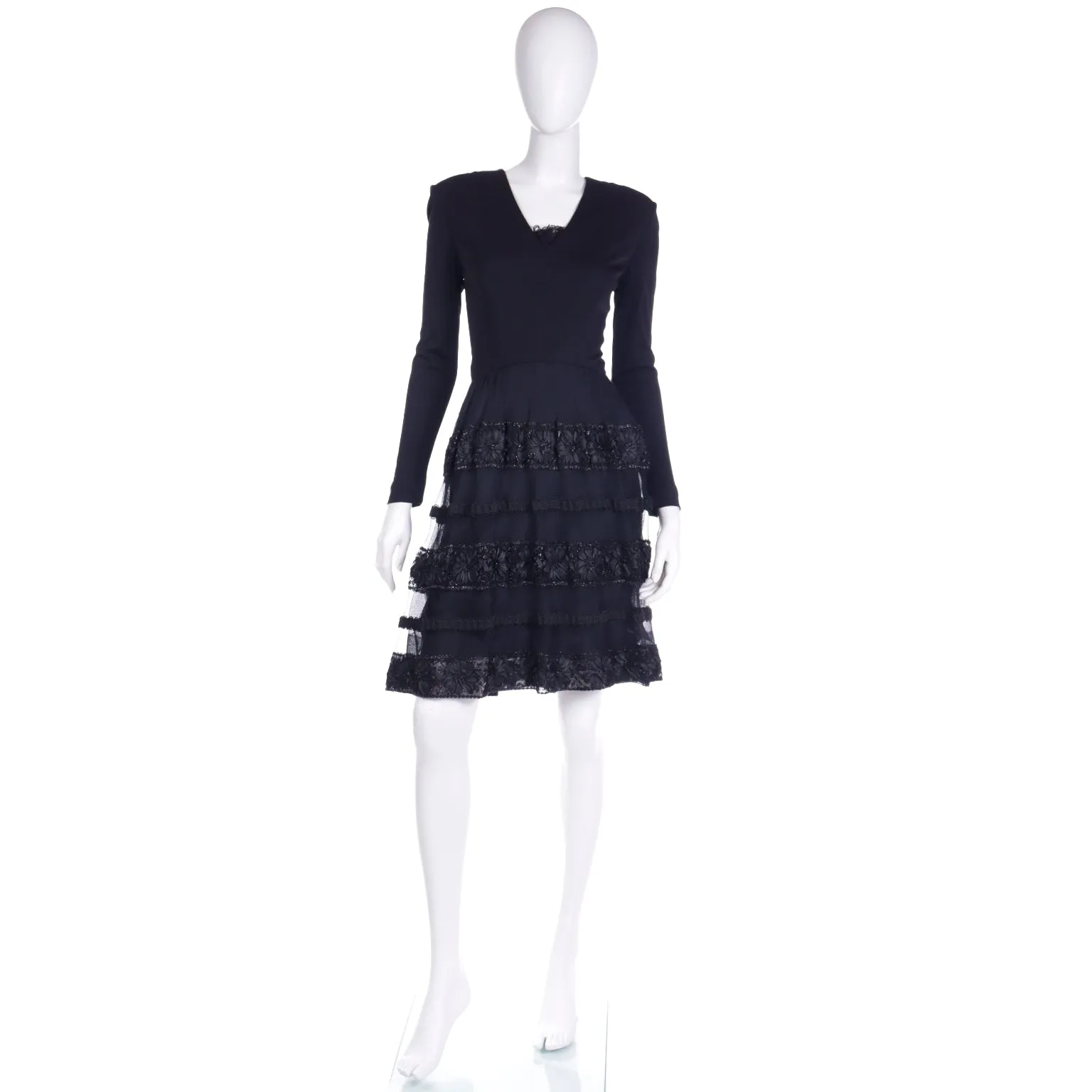 1970s William Travilla Vintage Black Evening Dress W Metallic Mesh Details