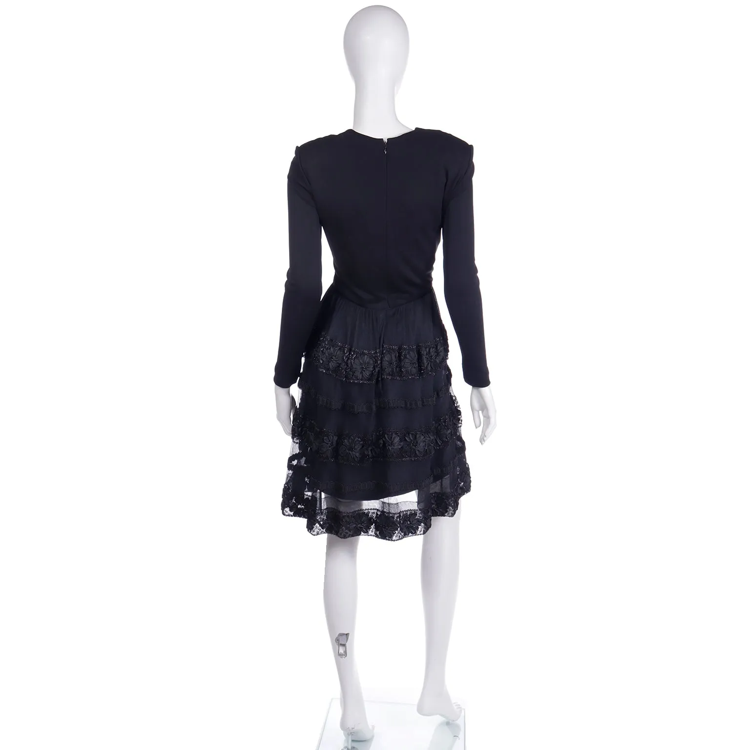 1970s William Travilla Vintage Black Evening Dress W Metallic Mesh Details