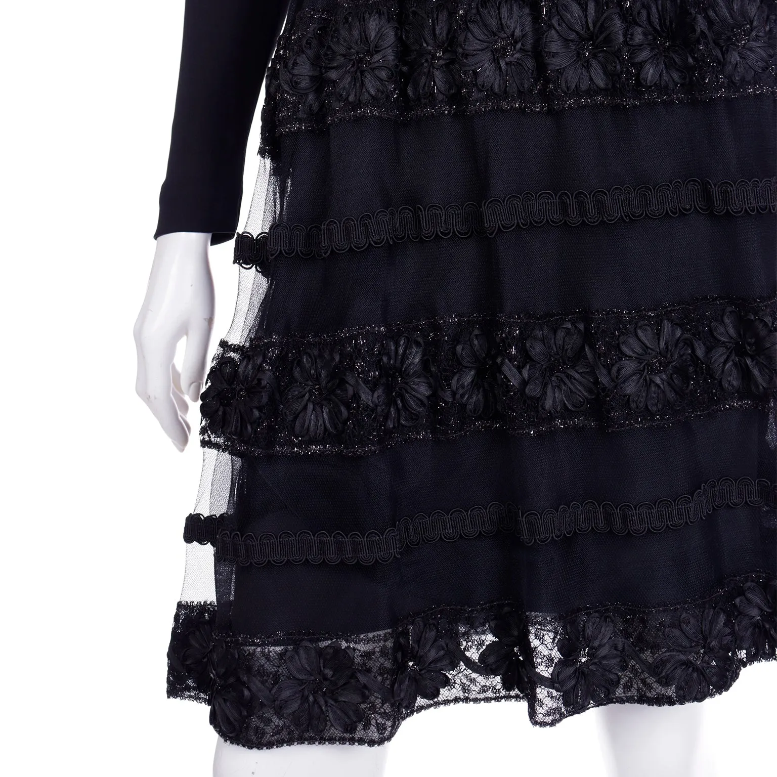 1970s William Travilla Vintage Black Evening Dress W Metallic Mesh Details