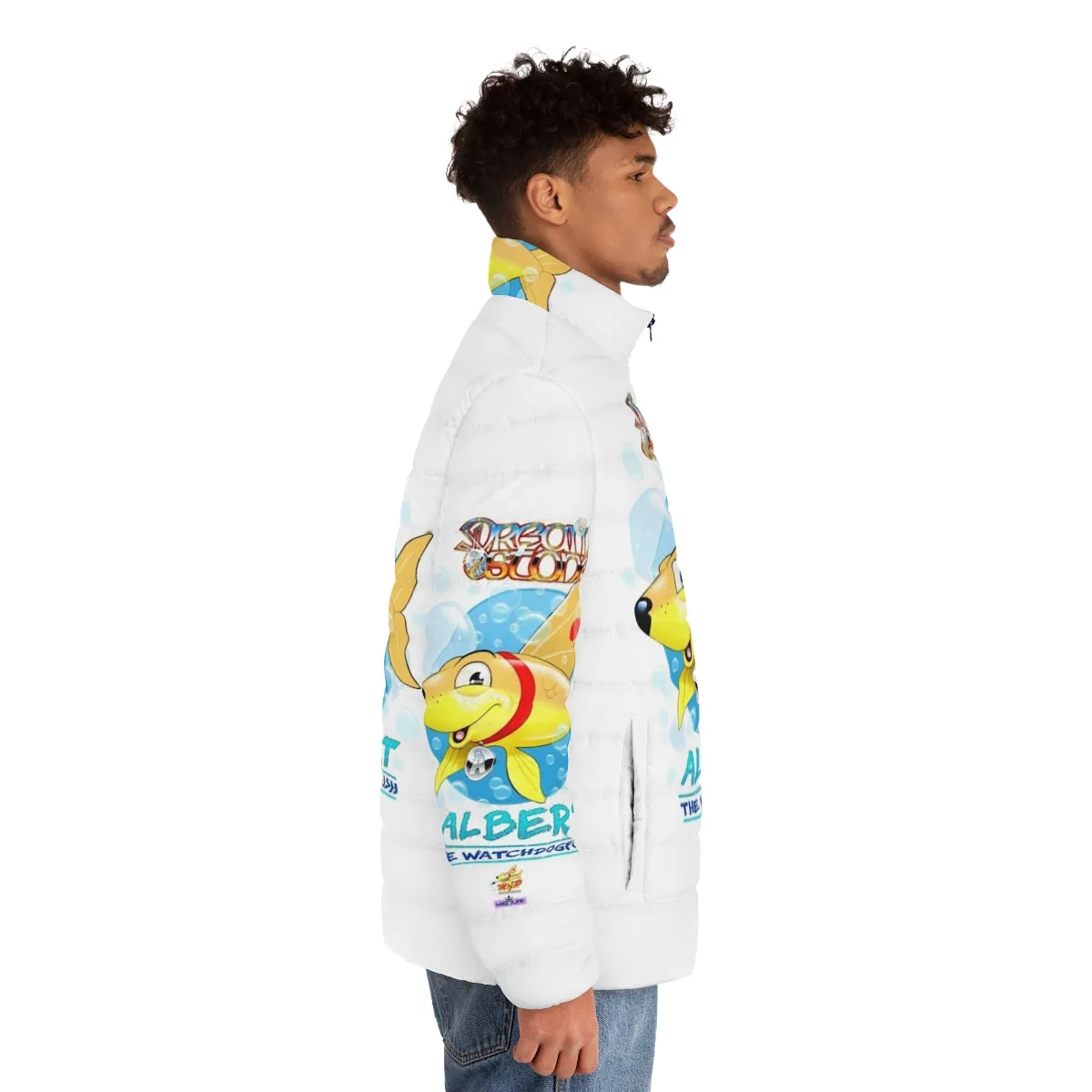 Albert the Watchdog Puffer Jacket - Vibrant Cartoon Fish Design by Mike Jupp