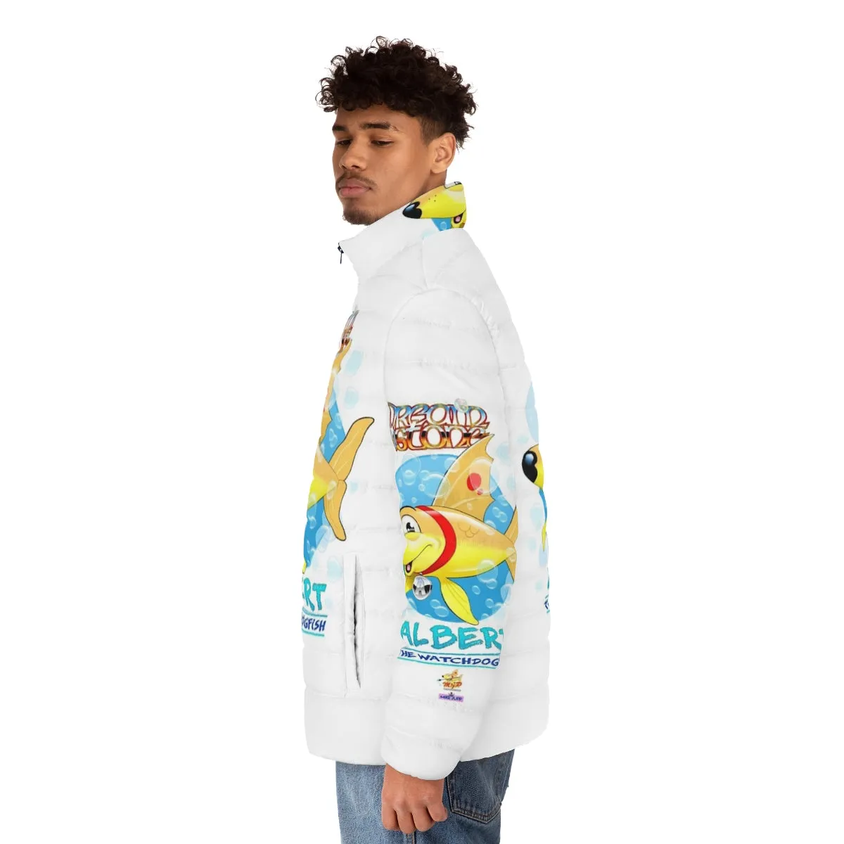 Albert the Watchdog Puffer Jacket - Vibrant Cartoon Fish Design by Mike Jupp