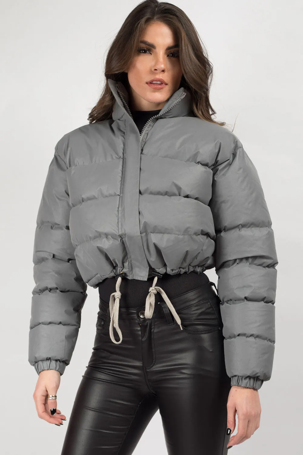Black Padded Puffer Cropped Jacket Reflective