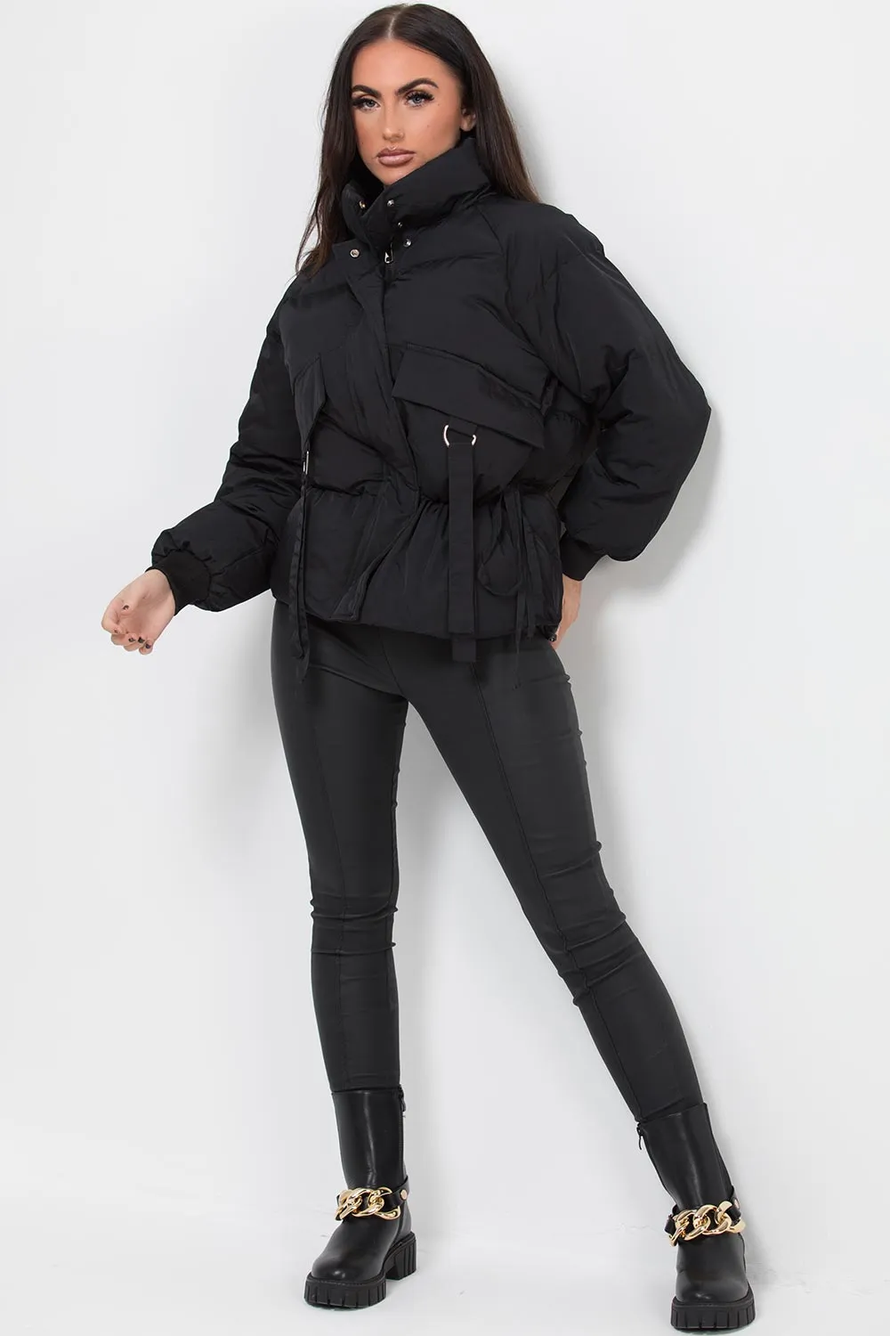 Black Puffer Jacket With Pocket Detail