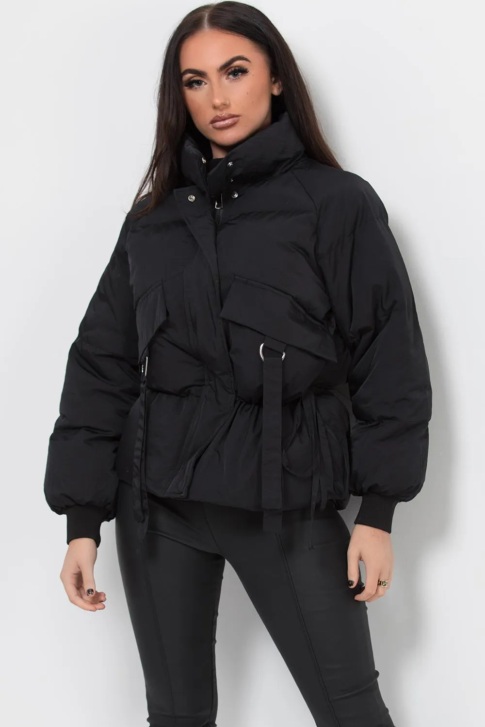 Black Puffer Jacket With Pocket Detail