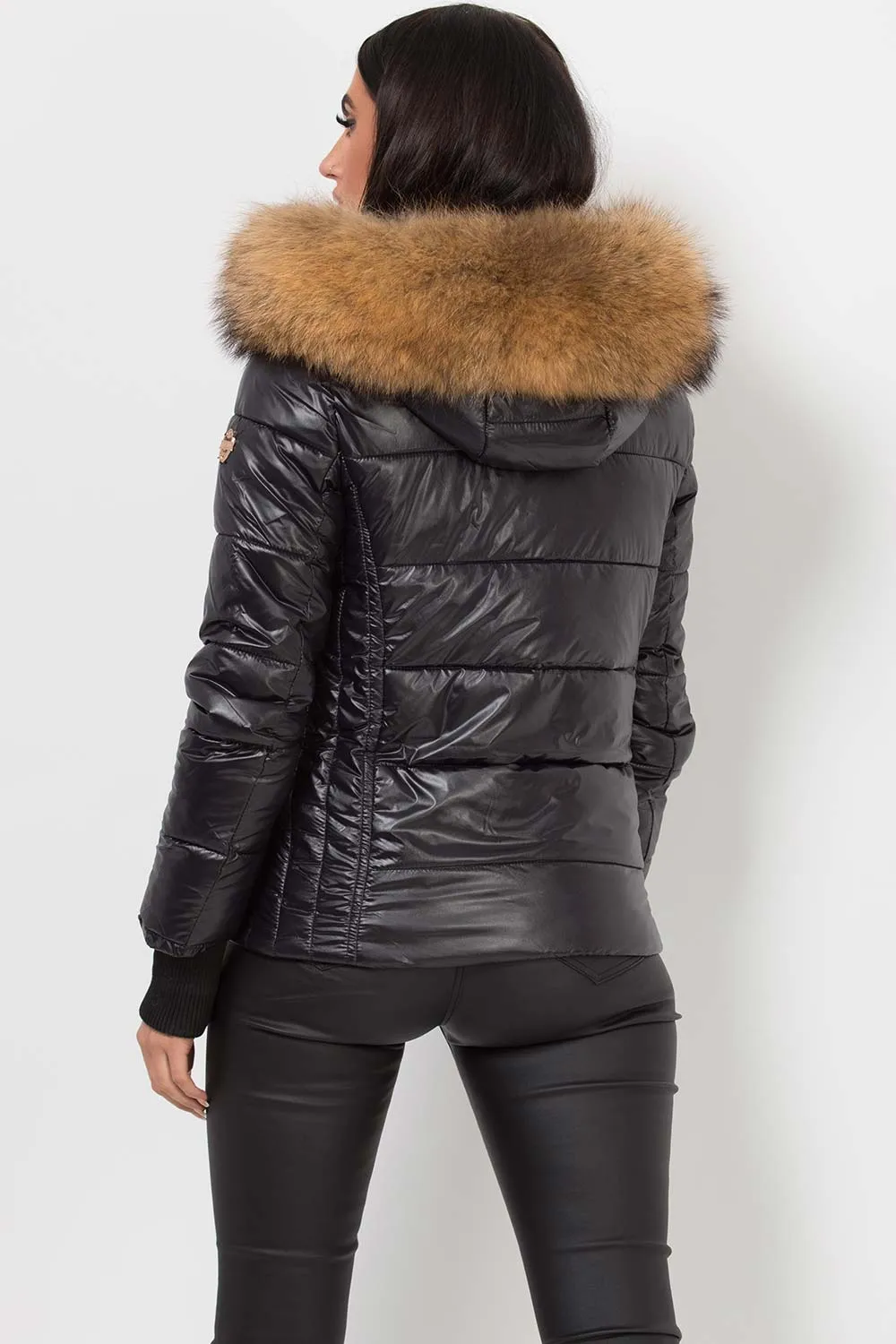 Black Puffer Jacket With Real Fur Hood