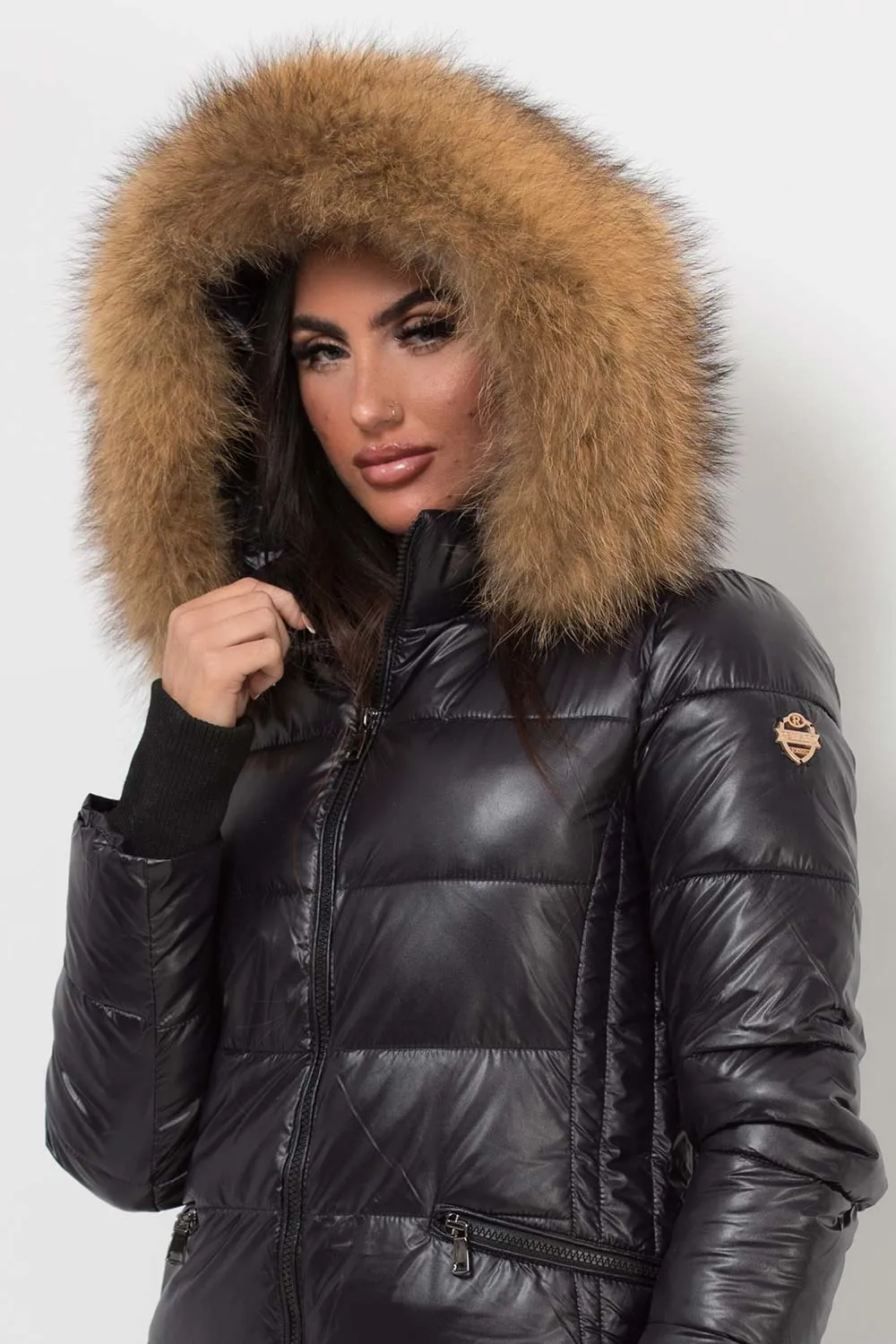 Black Puffer Jacket With Real Fur Hood