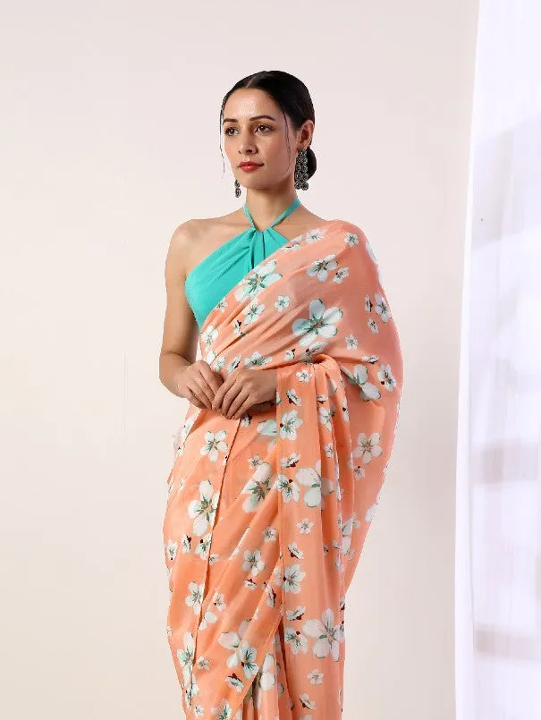 Coral Printed Crepe Saree (Set Of 2)