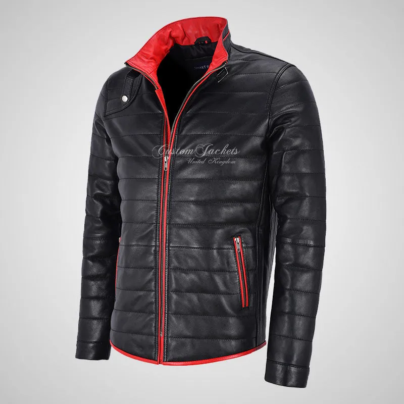DALTON Men's Puffer Leather Jacket Black Padded Blouson