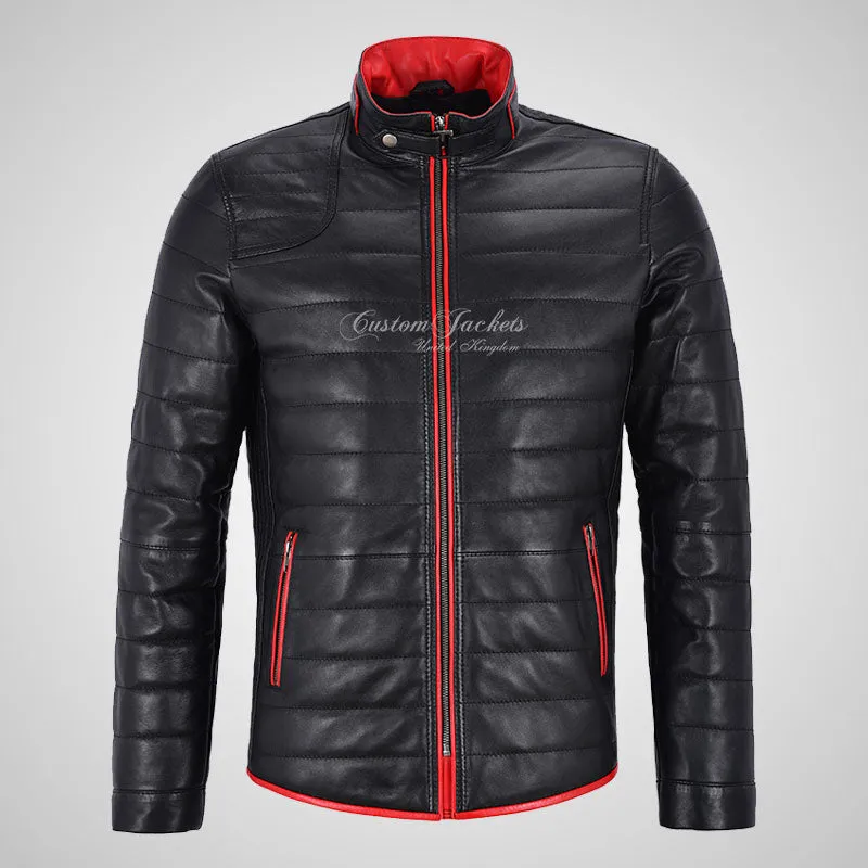 DALTON Men's Puffer Leather Jacket Black Padded Blouson