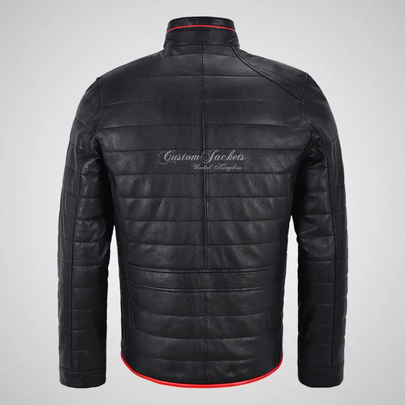 DALTON Men's Puffer Leather Jacket Black Padded Blouson