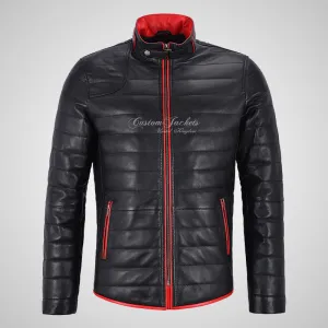 DALTON Men's Puffer Leather Jacket Black Padded Blouson