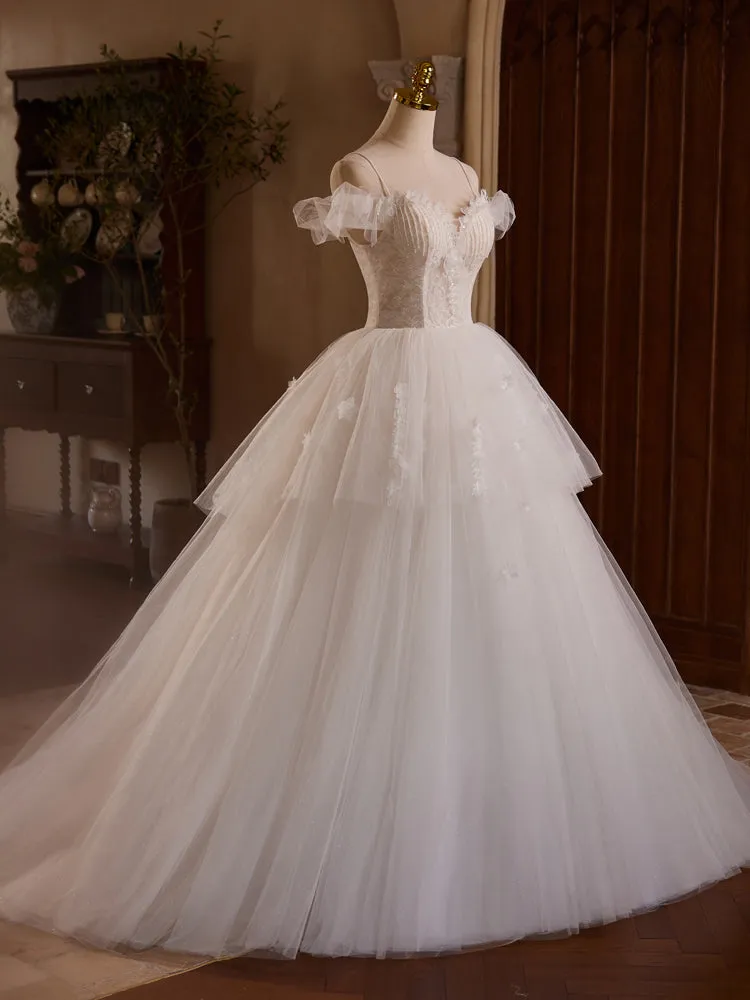 Elegant Layers Tulle Spaghetti Straps Beading Wedding Gowns