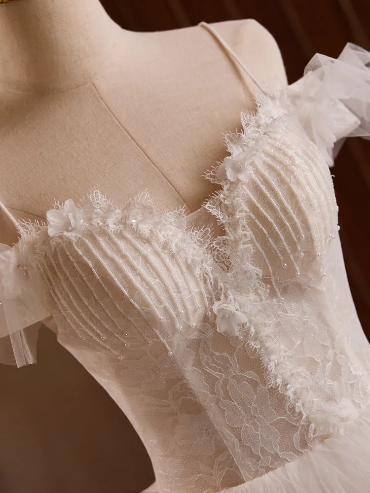 Elegant Layers Tulle Spaghetti Straps Beading Wedding Gowns
