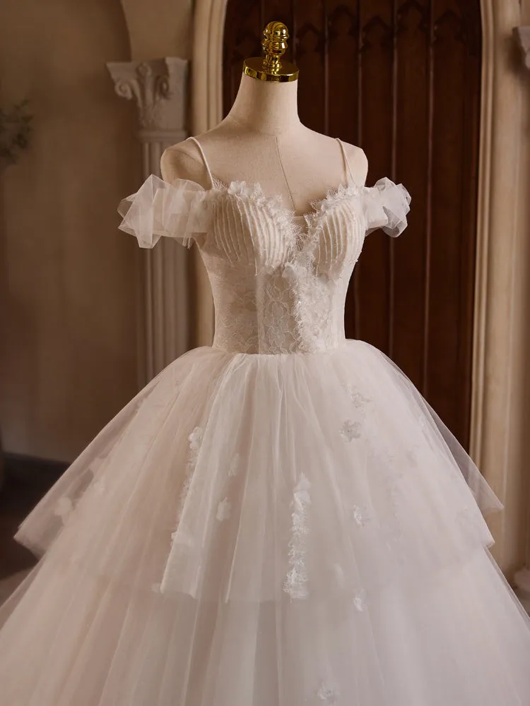 Elegant Layers Tulle Spaghetti Straps Beading Wedding Gowns