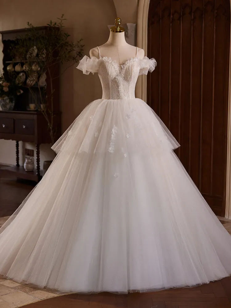 Elegant Layers Tulle Spaghetti Straps Beading Wedding Gowns
