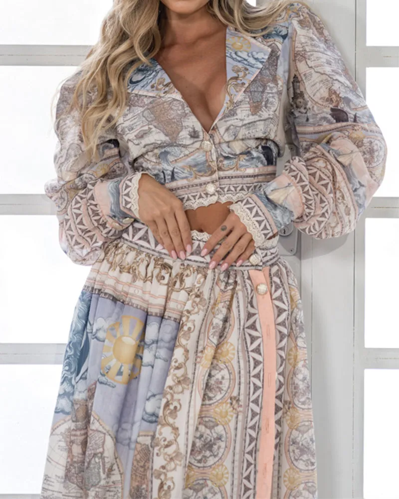 Embellished Printed Linen And Maxi Skirt In Pastel Two Piece Set