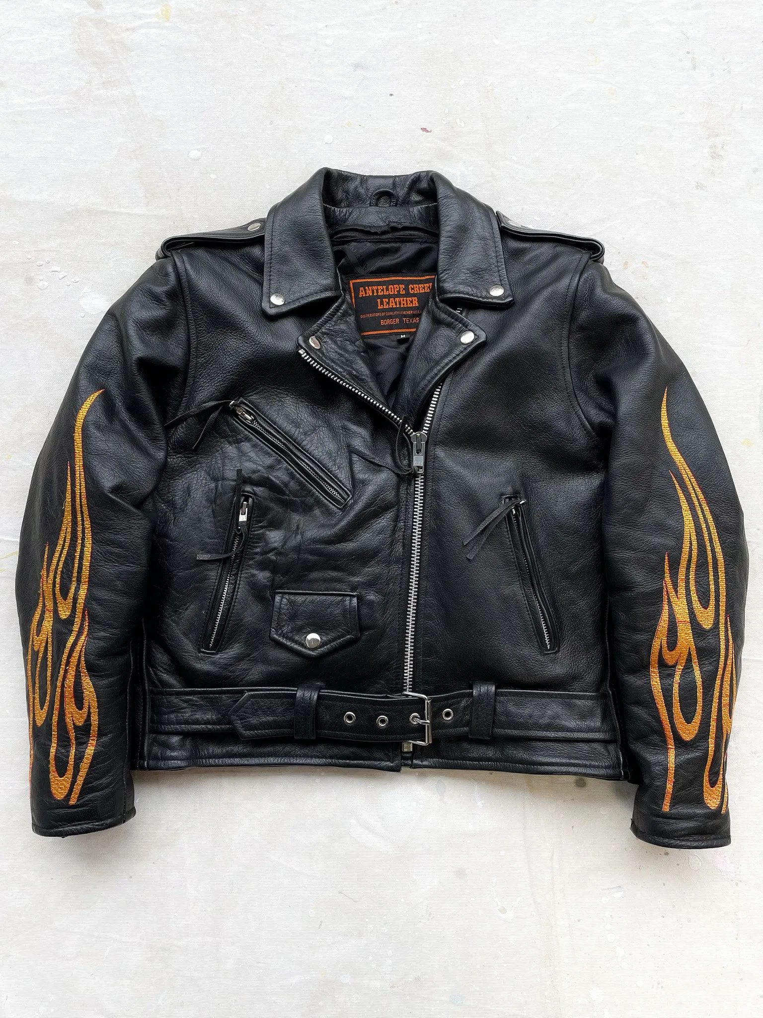 Flame Embroidered Leather Moto Jacket—[S/M]