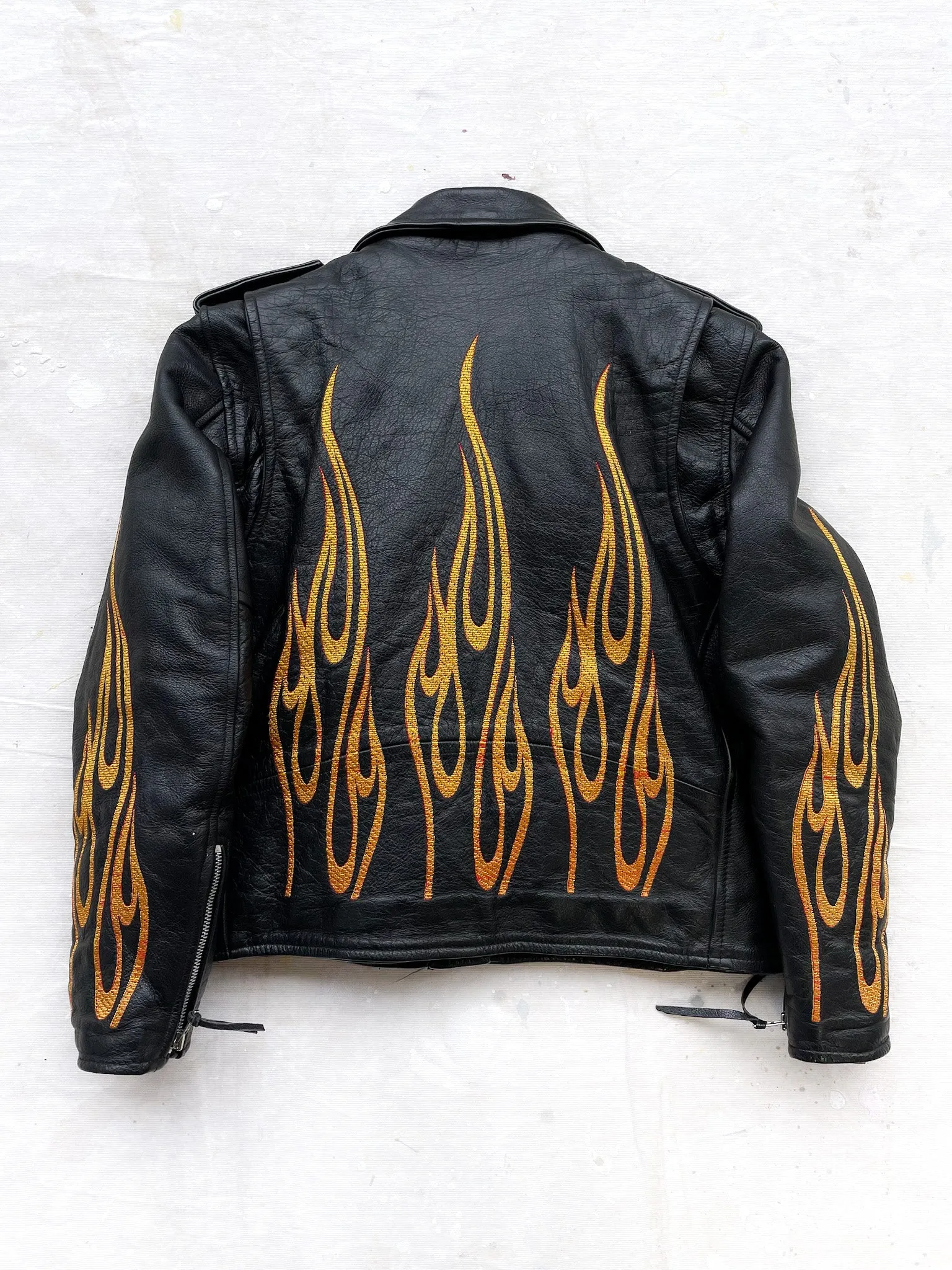 Flame Embroidered Leather Moto Jacket—[S/M]