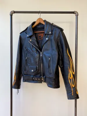 Flame Embroidered Leather Moto Jacket—[S/M]