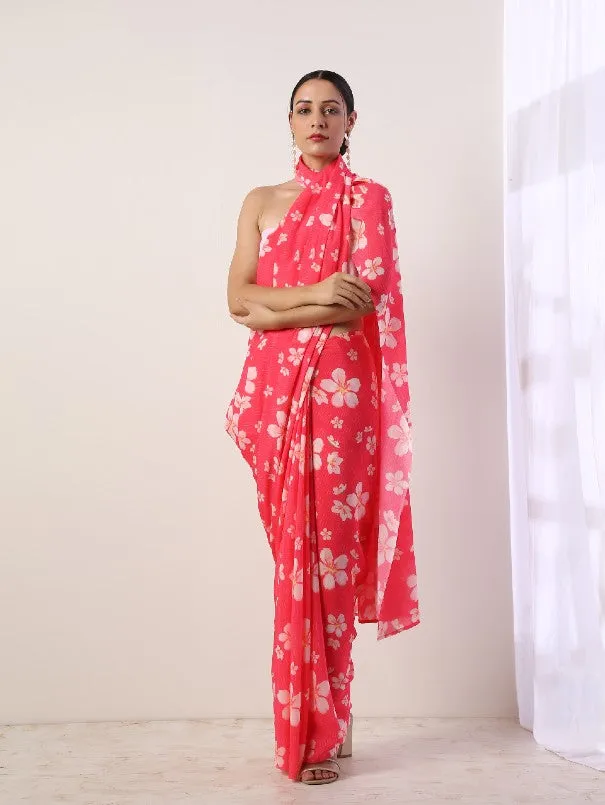 Fuchsia Printed Crepe Saree (Set Of 2)