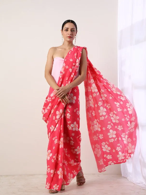 Fuchsia Printed Crepe Saree (Set Of 2)