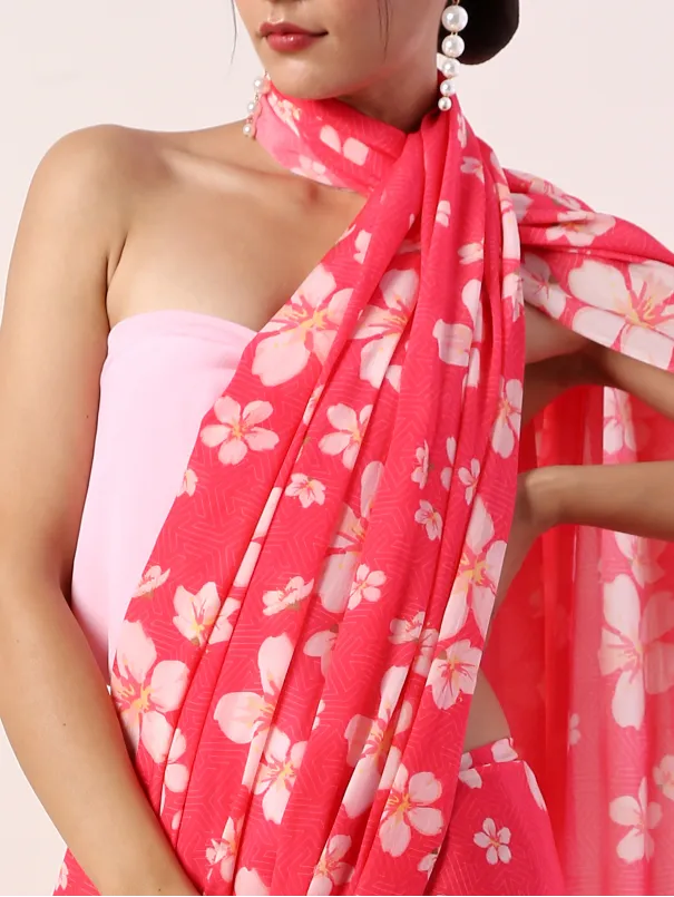 Fuchsia Printed Crepe Saree (Set Of 2)