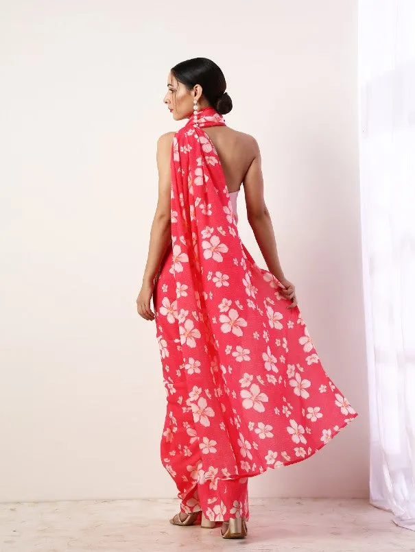 Fuchsia Printed Crepe Saree (Set Of 2)