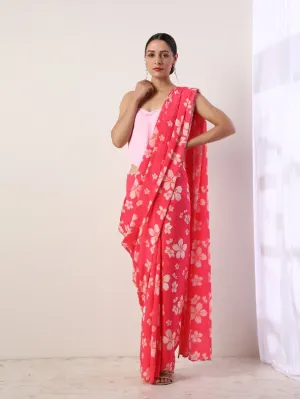 Fuchsia Printed Crepe Saree (Set Of 2)