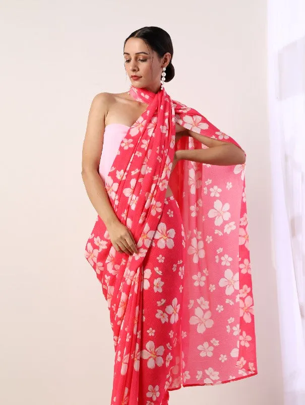 Fuchsia Printed Crepe Saree (Set Of 2)