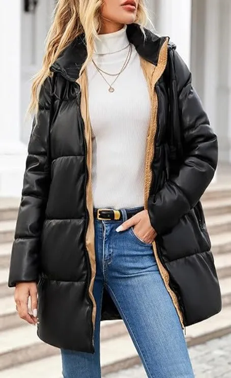Giolshon Women Faux Leather Jacket Long Quilted Winter Coat