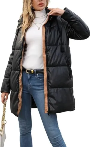 Giolshon Women Faux Leather Jacket Long Quilted Winter Coat