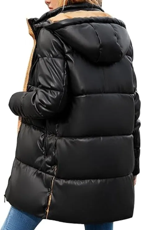 Giolshon Women Faux Leather Jacket Long Quilted Winter Coat