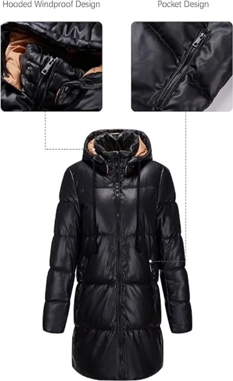 Giolshon Women Faux Leather Jacket Long Quilted Winter Coat