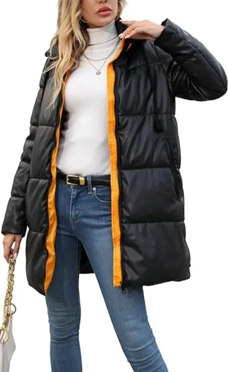 Giolshon Women Faux Leather Jacket Long Quilted Winter Coat