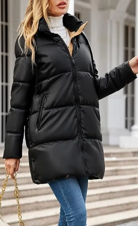 Giolshon Women Faux Leather Jacket Long Quilted Winter Coat