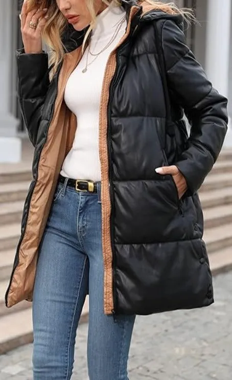 Giolshon Women Faux Leather Jacket Long Quilted Winter Coat