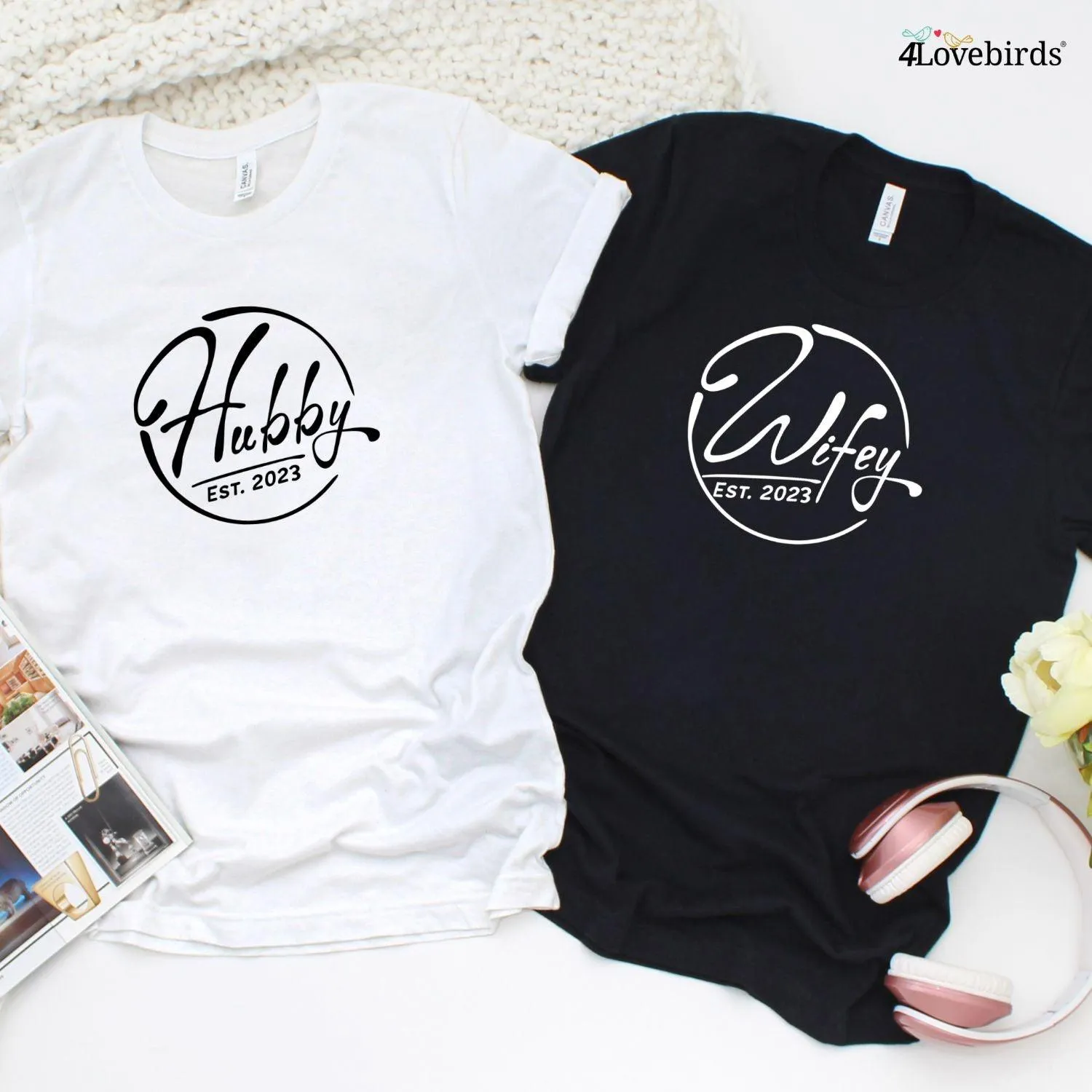 Hubby & Wifey Custom Est. Matching Set | Adorable Marriage Outfits for Honeymoon & Just Married Couples | Circle Model