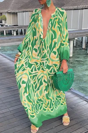 I Hope Your Flowers Bloom Abstract Print Buttoned Balloon Sleeve Dress