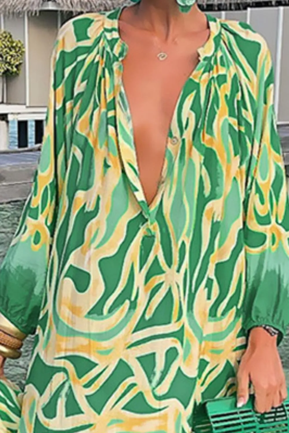 I Hope Your Flowers Bloom Abstract Print Buttoned Balloon Sleeve Dress