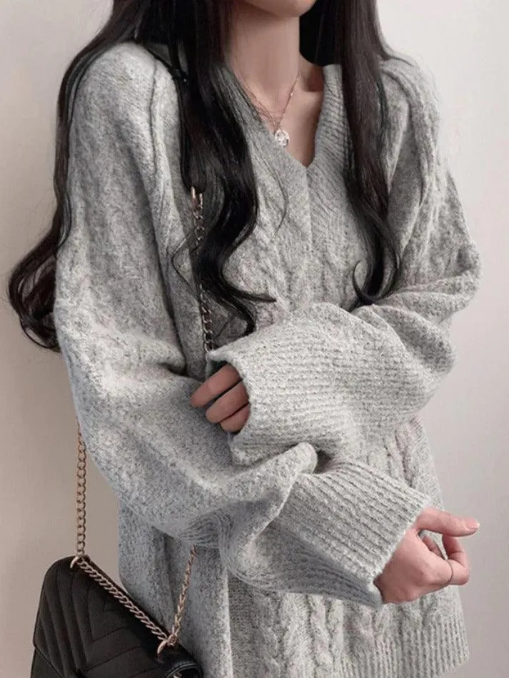 Joskaa Solid Color V Neck Cable Knit Sweater