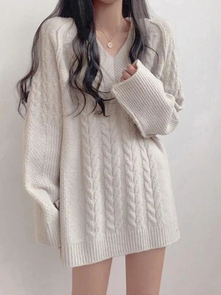 Joskaa Solid Color V Neck Cable Knit Sweater