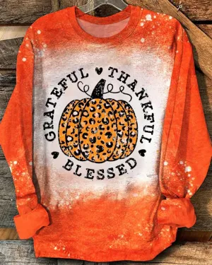 Ladies Thanksgiving Grateful Thankful Blessed Printed Long Sleeve T-shirt