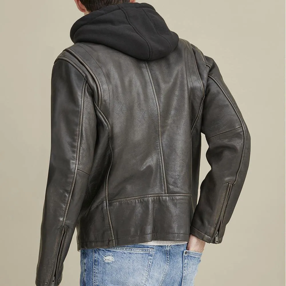 Mens Hooded Biker Leather Jacket