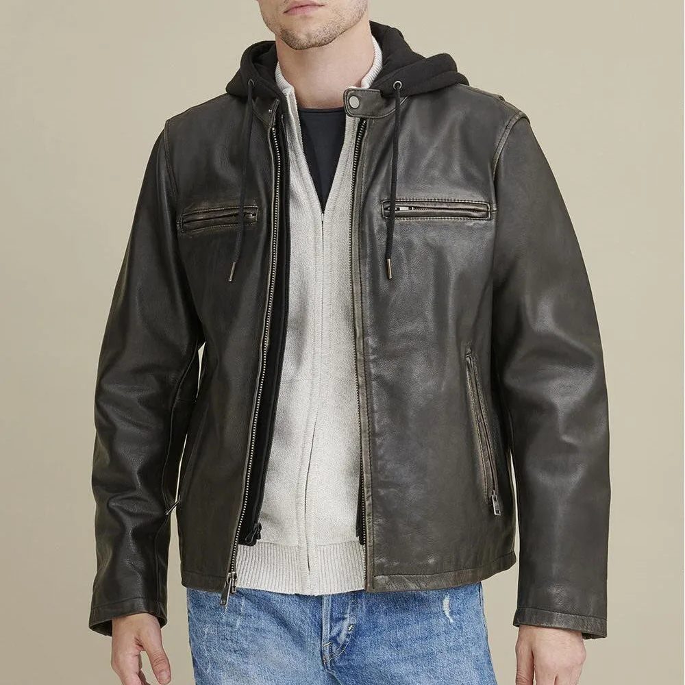 Mens Hooded Biker Leather Jacket