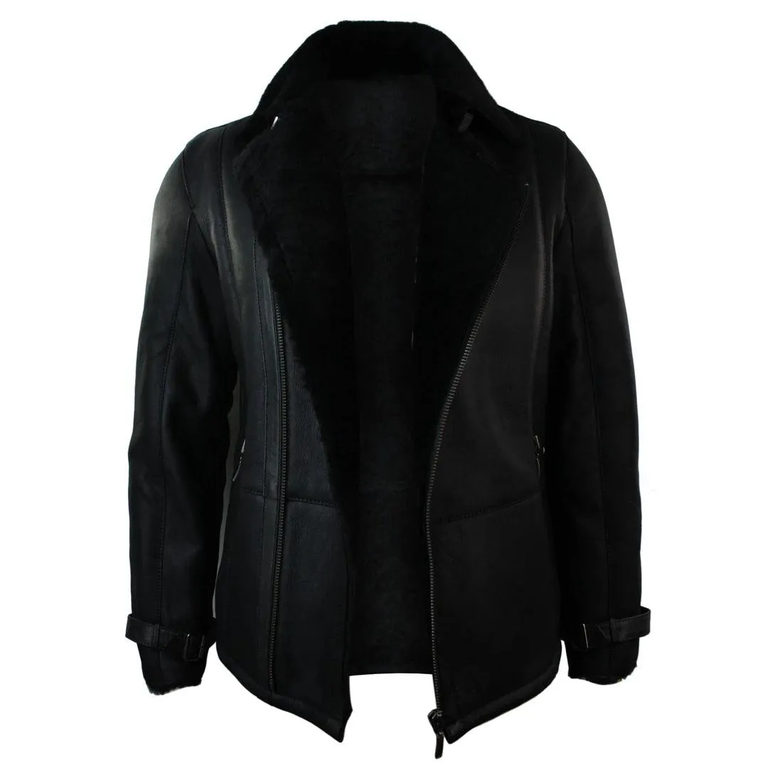 Mens Winter Real Sheepskin Black Mid Length Fitted Designer Jacket Cross Zip