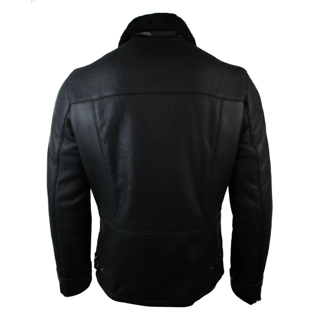 Mens Winter Real Sheepskin Black Mid Length Fitted Designer Jacket Cross Zip