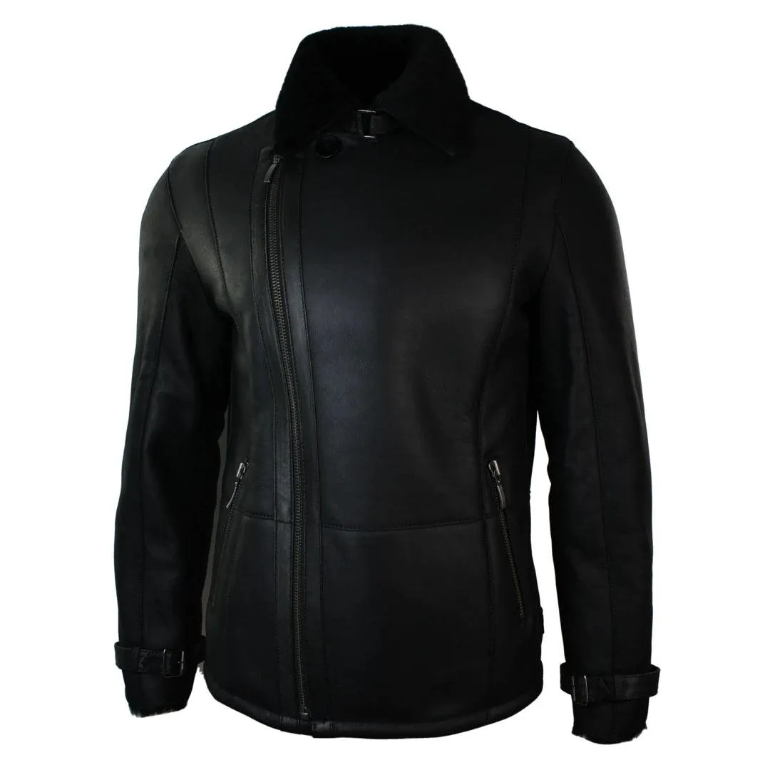 Mens Winter Real Sheepskin Black Mid Length Fitted Designer Jacket Cross Zip